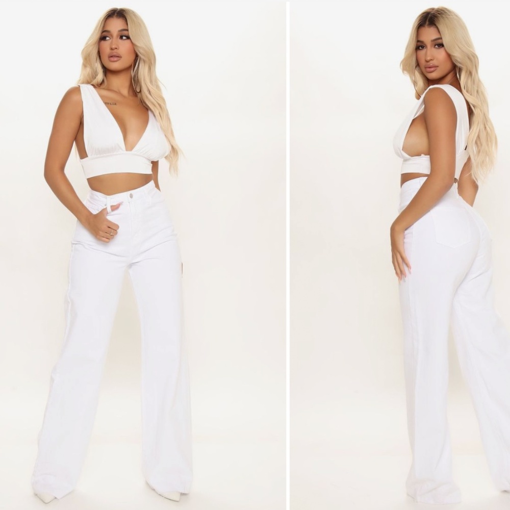 90s Style White Wide Leg Jeans High Waist Raw Hem - Picture 9 of 15